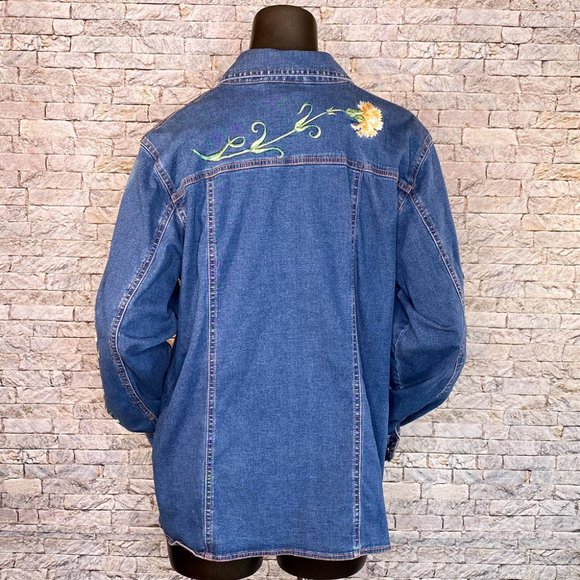 Bob Mackie Blue Denim Button Down Shirt with Floral Embroidery - Picture 6 of 8